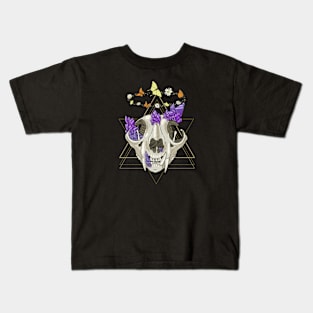 Cat Skull with Crystals, Butterflies, and Geometric Accents on Black Kids T-Shirt